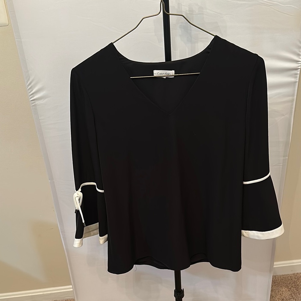 Calvin Klein Black and White Bell Sleeve Blouse
